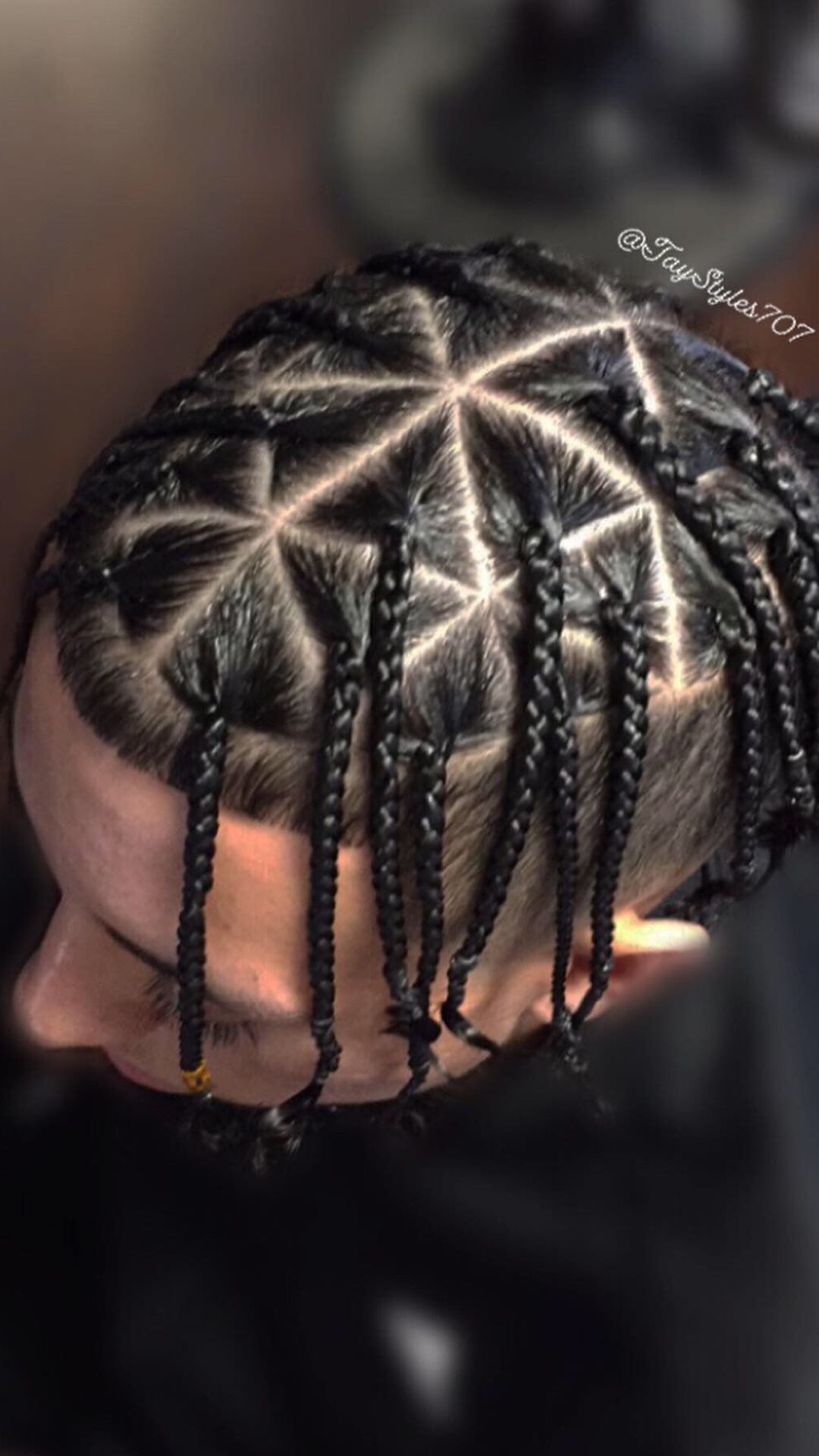 A man with an elaborate braid hairstyle, displaying several braids artfully arranged on his head.